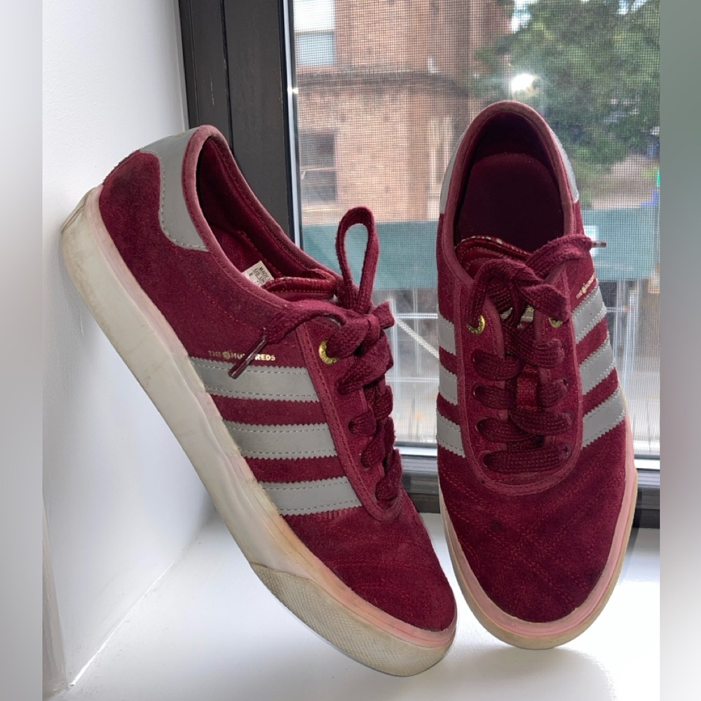 The Hundreds x Adidas “Striker” Skateboarding Sneakers in Burgundy and Gray